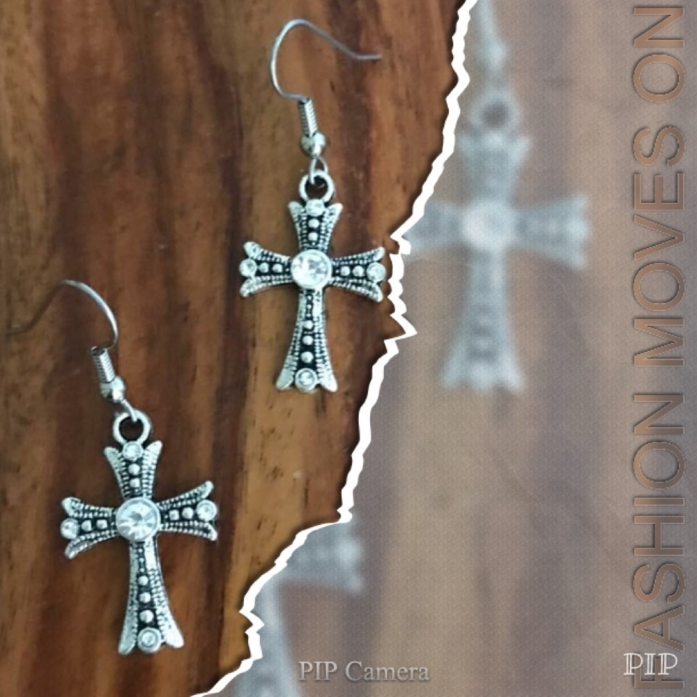 Pewter Crystal Cross Earrings